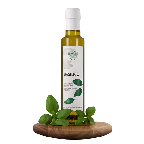 Olijfolie met basilicum (extra vierge) 250 ml – Bonamini fles (packshot)
