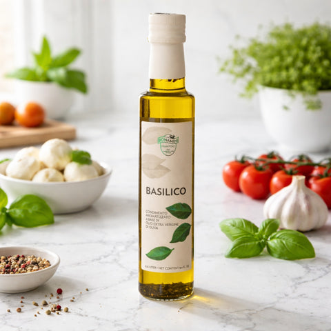 Olijfolie met basilicum (extra vierge) 250 ml – Bonamini in keuken/sfeerfoto