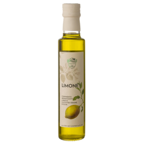 Olijfolie met citroen (limone) extra vierge 250 ml – Bonamini frontlabel (detail)