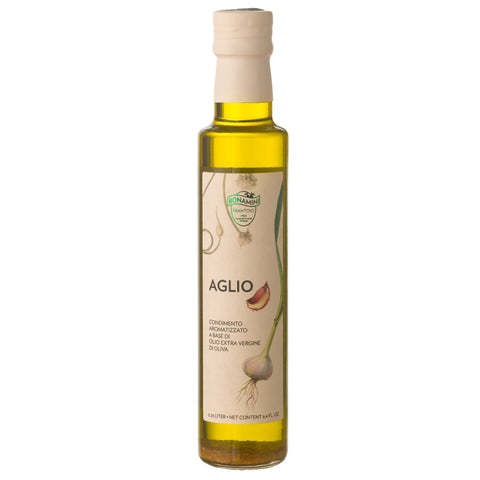 Olijfolie met knoflook (aglio) extra vierge 250 ml – Bonamini frontlabel (detail)