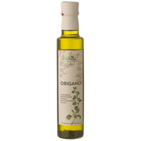 Olijfolie met oregano (origano) extra vierge 250 ml – Bonamini frontlabel (detail)