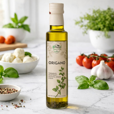 Olijfolie met oregano (origano) extra vierge 250 ml – Bonamini in keuken/sfeerfoto