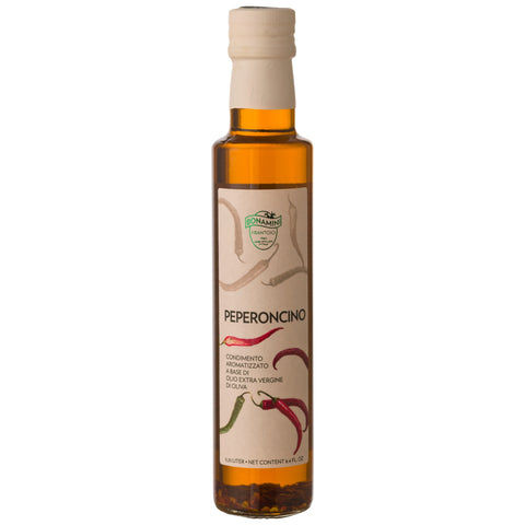 Olijfolie met peperoncino (chili) extra vierge 250 ml – Bonamini frontlabel (detail)