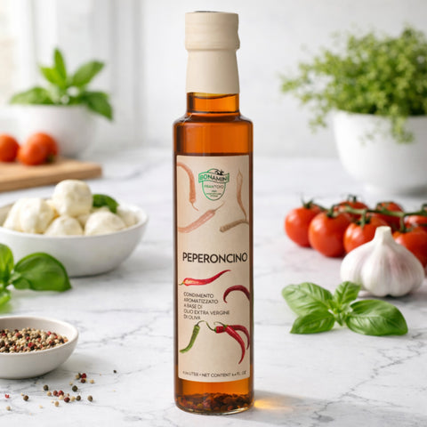 Olijfolie met peperoncino (chili) extra vierge 250 ml – Bonamini in keuken/sfeerfoto