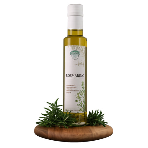 Olijfolie met rozemarijn (rosmarino) extra vierge 250 ml – Bonamini fles (packshot)