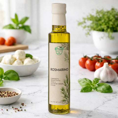 Olijfolie met rozemarijn (rosmarino) extra vierge 250 ml – Bonamini in keuken/sfeerfoto