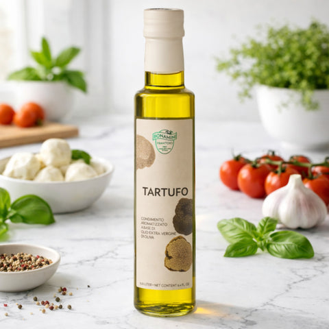Olijfolie met truffel (tartufo) extra vierge 250 ml – Bonamini in keuken/sfeerfoto